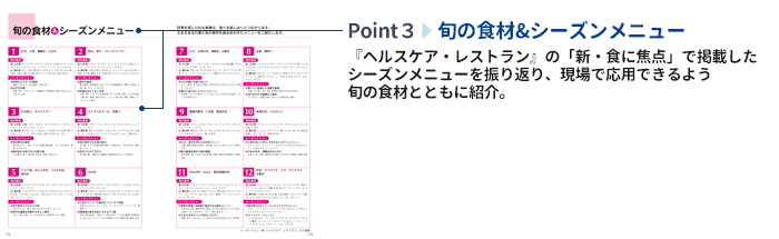【旬の食材&シーズンメニュー】『ヘルスケア・レストラン』の「新・食に焦点」で掲載したシーズンメニューを振り返り、現場で応用できるよう旬の食材とともに紹介。